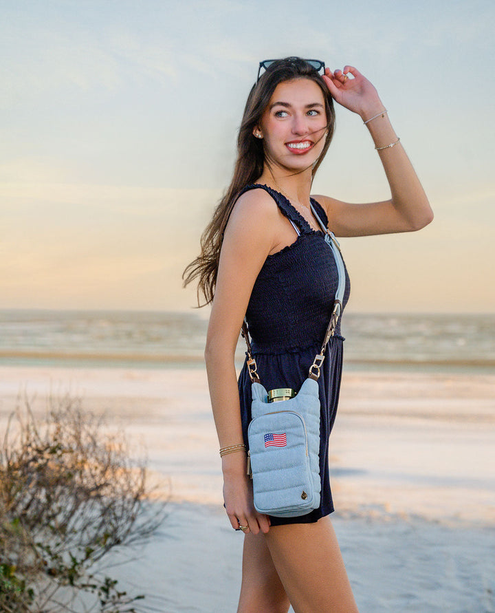 JUNE MARKET: Light Denim HydroBag® with Flag Embroidery by Wanderfull (Ships in 2-3 Weeks)