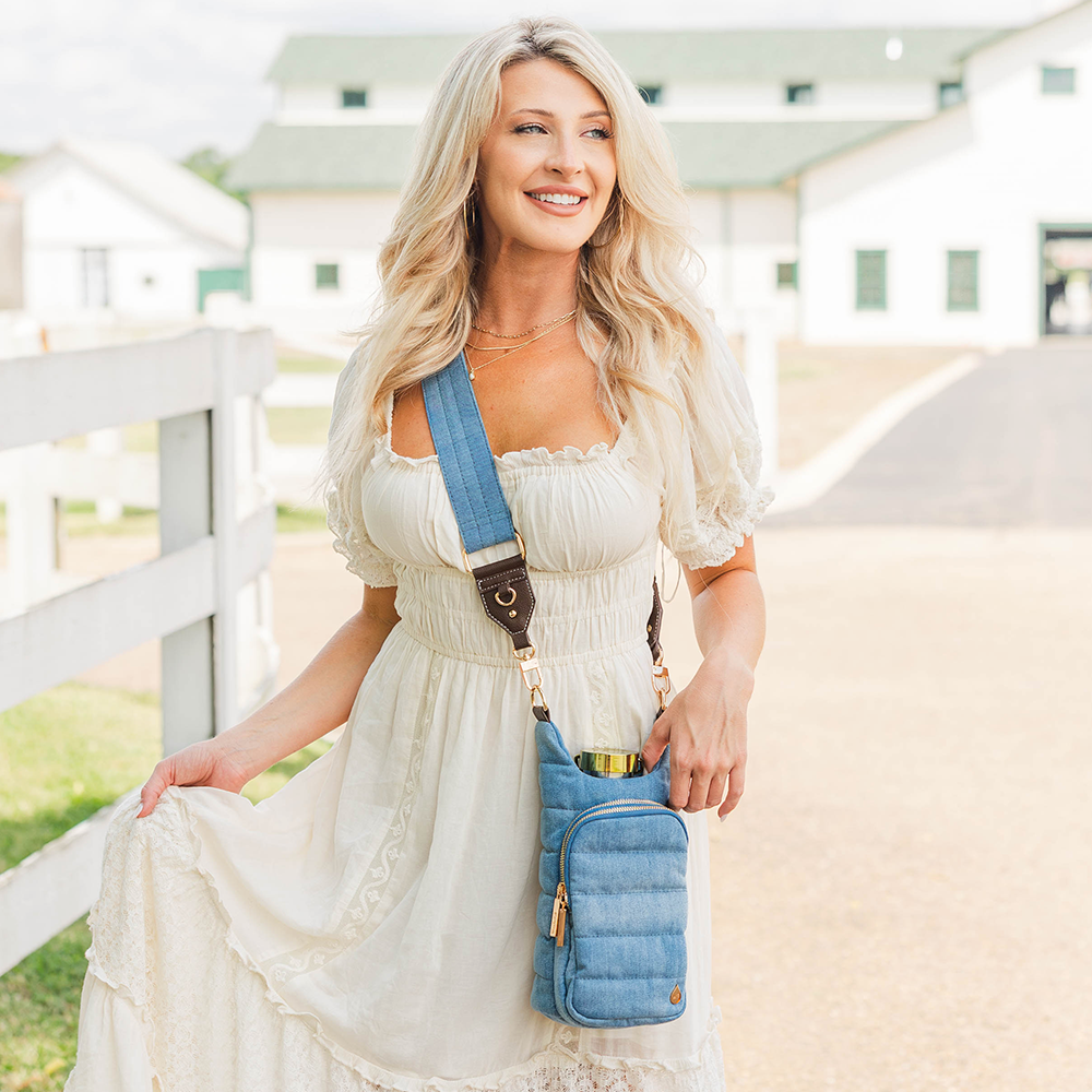 JUNE MARKET: Light Denim HydroBag® with Gold Hardware and Denim overlaid Vegan Leather Strap by Wanderfull (Ships in 2-3 Weeks)