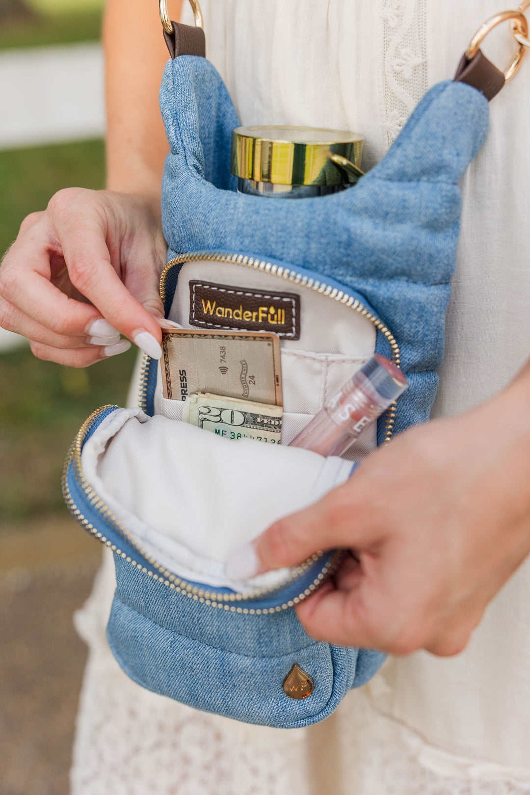 JUNE MARKET: Light Denim HydroBag® with Gold Hardware and Denim overlaid Vegan Leather Strap by Wanderfull (Ships in 2-3 Weeks)