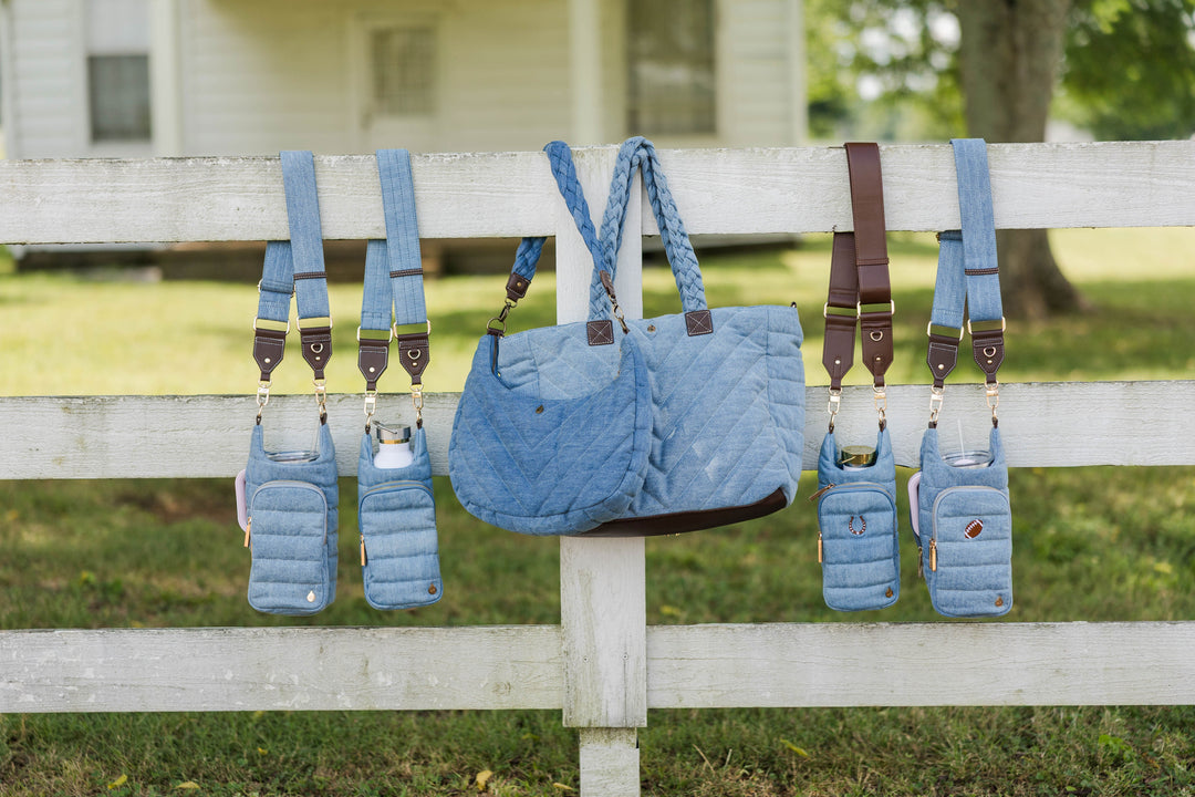JUNE MARKET: Light Denim HydroBag® with Gold Hardware and Denim overlaid Vegan Leather Strap by Wanderfull (Ships in 2-3 Weeks)