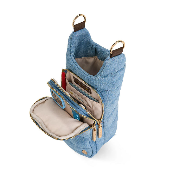 JUNE MARKET: Light Denim HydroBag® with Gold Hardware and Denim overlaid Vegan Leather Strap by Wanderfull (Ships in 2-3 Weeks)