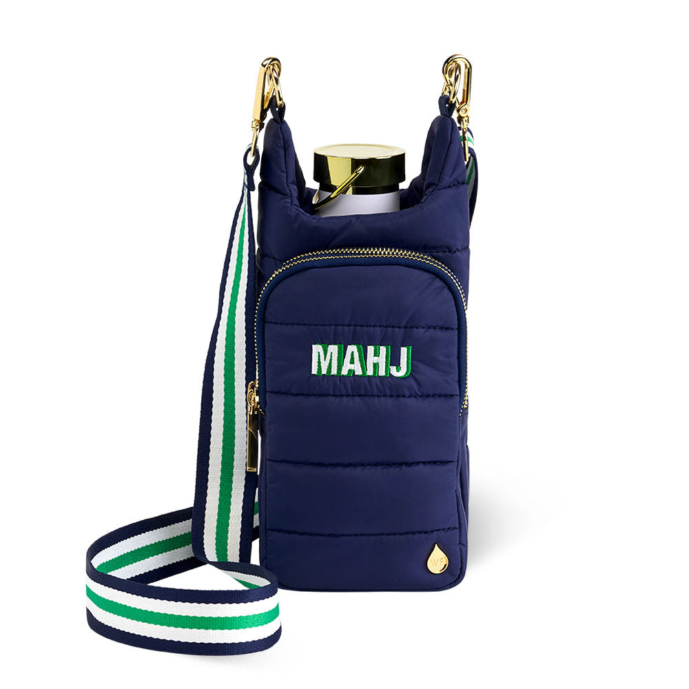 JUNE MARKET: Navy HydroBag with Mahjong Embroidery and Navy, Green, White Strap by Wanderfull (Ships in 2-3 Weeks)