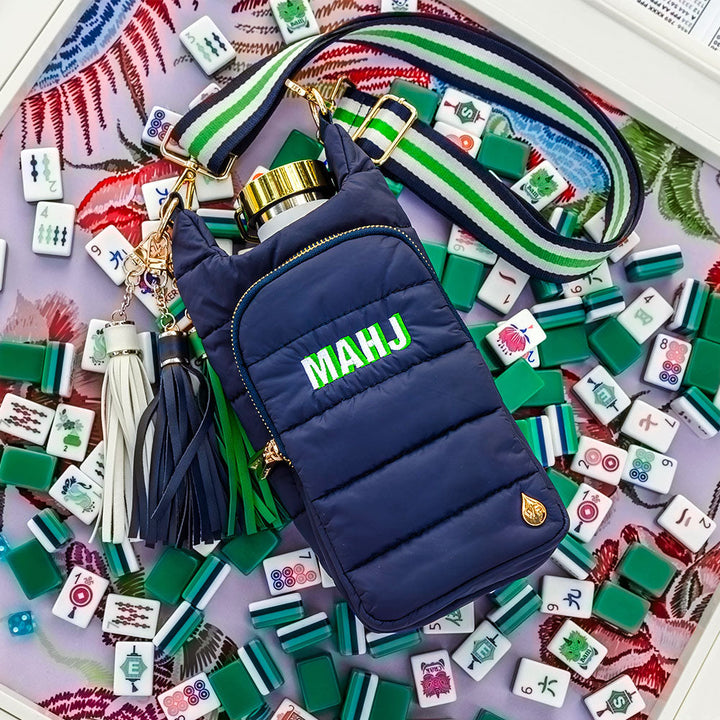 JUNE MARKET: Navy HydroBag with Mahjong Embroidery and Navy, Green, White Strap by Wanderfull (Ships in 2-3 Weeks)