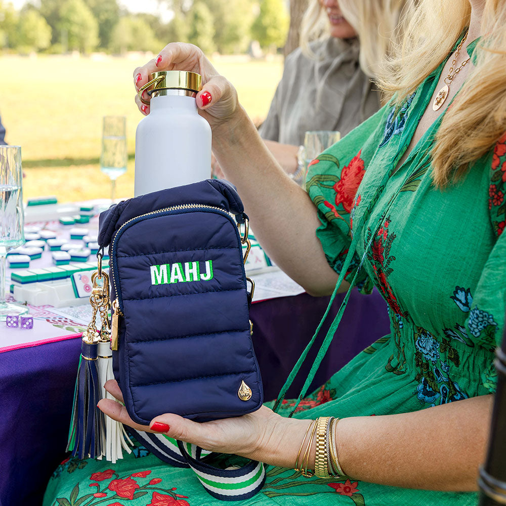JUNE MARKET: Navy HydroBag with Mahjong Embroidery and Navy, Green, White Strap by Wanderfull (Ships in 2-3 Weeks)