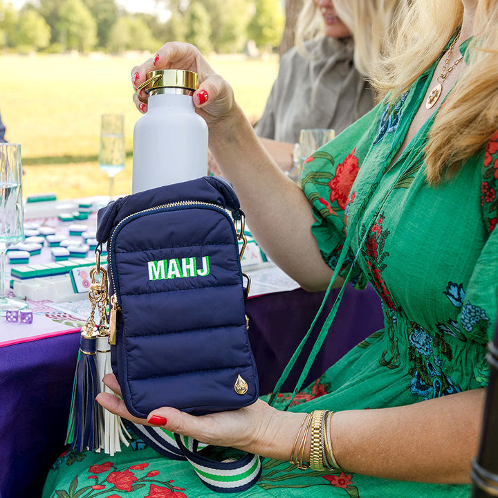 JUNE MARKET: Navy HydroBag with Mahjong Embroidery and Navy, Green, White Strap by Wanderfull (Ships in 2-3 Weeks)