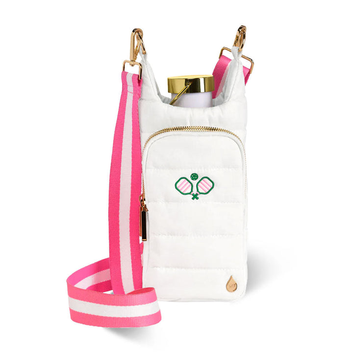 JUNE MARKET: White HydroBag® with Pickleball Embroidery and Striped Strap by Wanderfull (Ships in 2-3 Weeks)