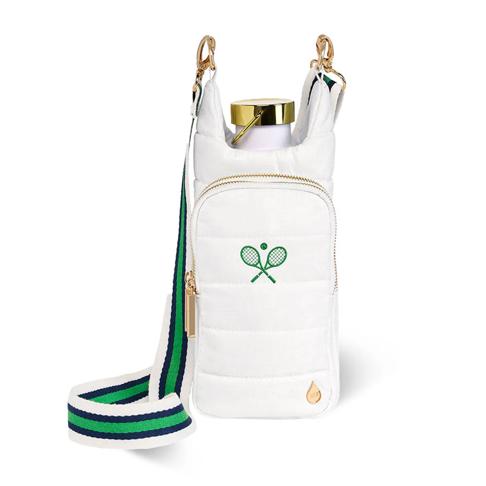 JUNE MARKET: White HydroBag with Tennis Embroidery and Navy, Green, White Strap by Wanderfull (Ships in 2-3 Weeks)