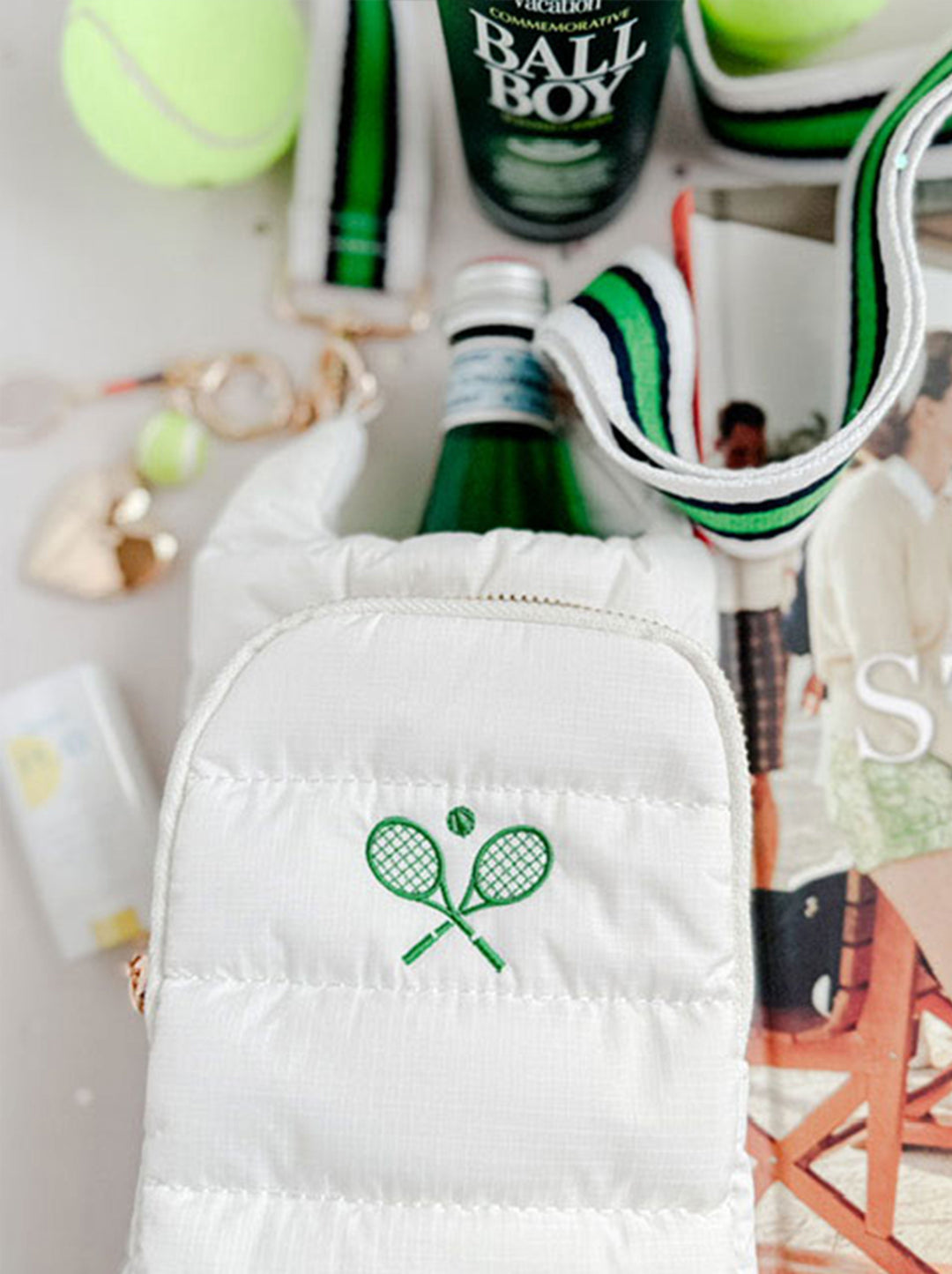 JUNE MARKET: White HydroBag with Tennis Embroidery and Navy, Green, White Strap by Wanderfull (Ships in 2-3 Weeks)