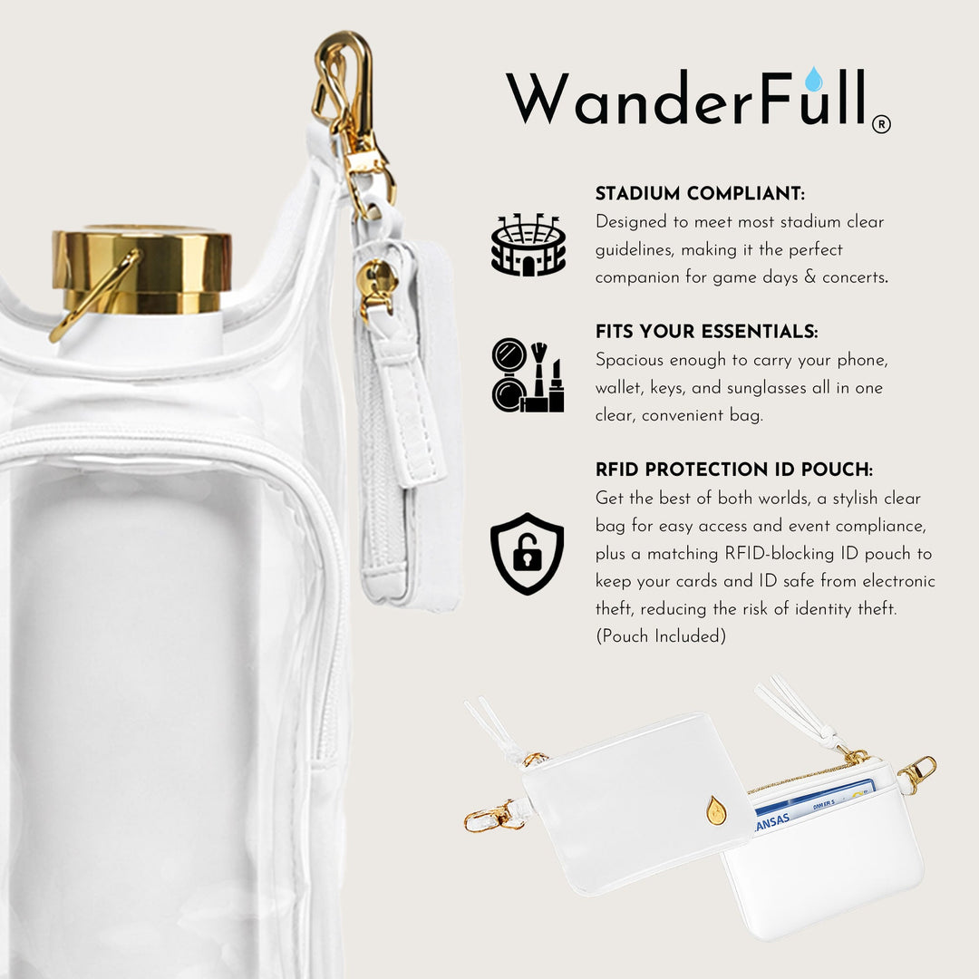 JUNE MARKET: Clear HydroBag® Stadium with White Vegan Leather Trim and Matching RFID Pouch by Wanderfull (Ships in 2-3 Weeks)