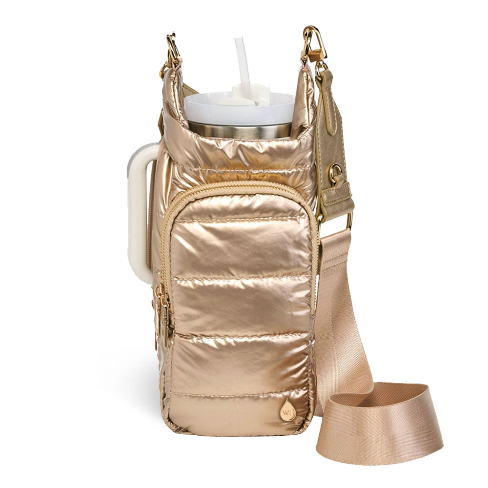 JUNE MARKET: HydroBag® HANDLE®- Gold Shiny with Vegan Leather Trimmed Solid Strap by Wanderfull (Ships in 2-3 Weeks)