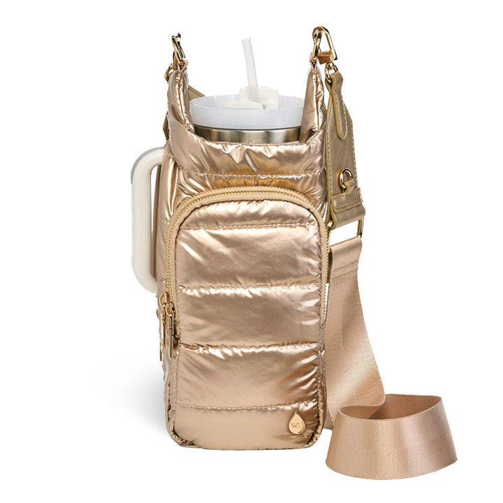 JUNE MARKET: HydroBag® HANDLE®- Gold Shiny with Vegan Leather Trimmed Solid Strap by Wanderfull (Ships in 2-3 Weeks)