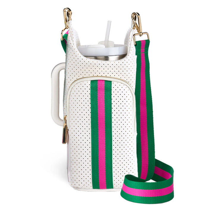 JUNE MARKET: HydroBag® HANDLE®-White Coated Perforated Neoprene HydroBag® with Pink/Green Stripe by Wanderfull (Ships in 2-3 Weeks)