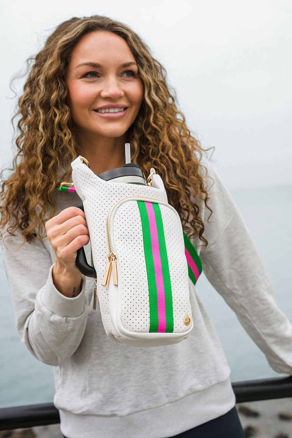 JUNE MARKET: HydroBag® HANDLE®-White Coated Perforated Neoprene HydroBag® with Pink/Green Stripe by Wanderfull (Ships in 2-3 Weeks)