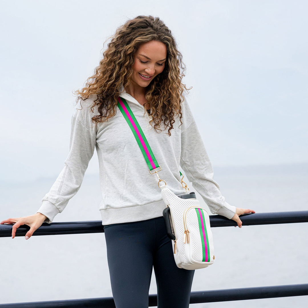 JUNE MARKET: HydroBag® HANDLE®-White Coated Perforated Neoprene HydroBag® with Pink/Green Stripe by Wanderfull (Ships in 2-3 Weeks)