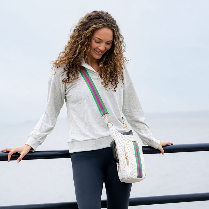 JUNE MARKET: HydroBag® HANDLE®-White Coated Perforated Neoprene HydroBag® with Pink/Green Stripe by Wanderfull (Ships in 2-3 Weeks)