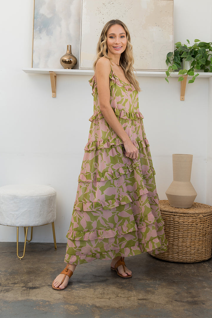 Spaghetti Strap Tiered Dress - Olive & Mauve by Sew In Love
