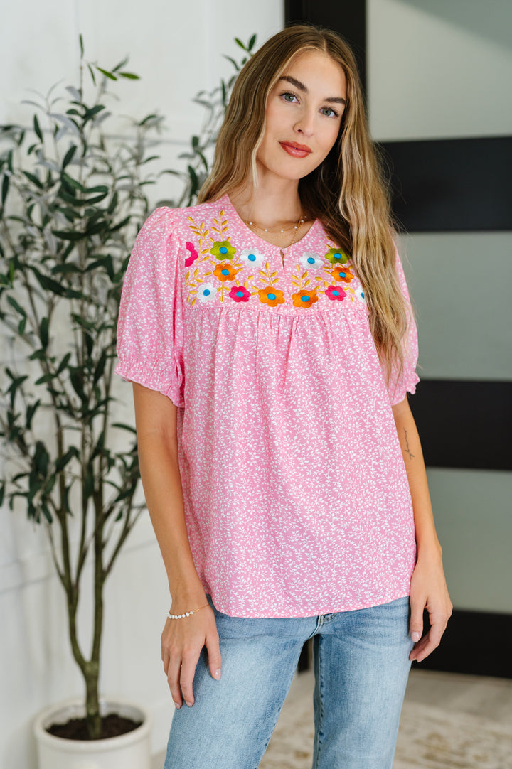 Wander Bloom Embroidered Puff Sleeve Blouse in Pink - 6/8