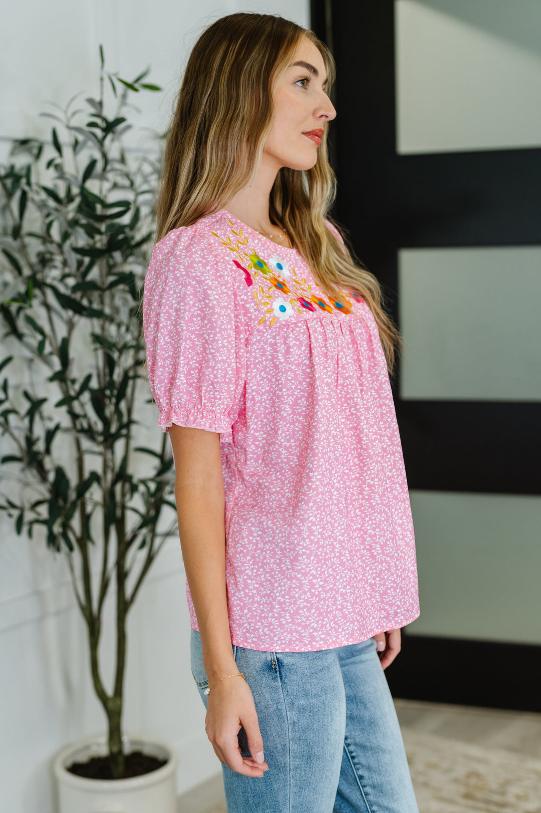 Wander Bloom Embroidered Puff Sleeve Blouse in Pink - 6/8