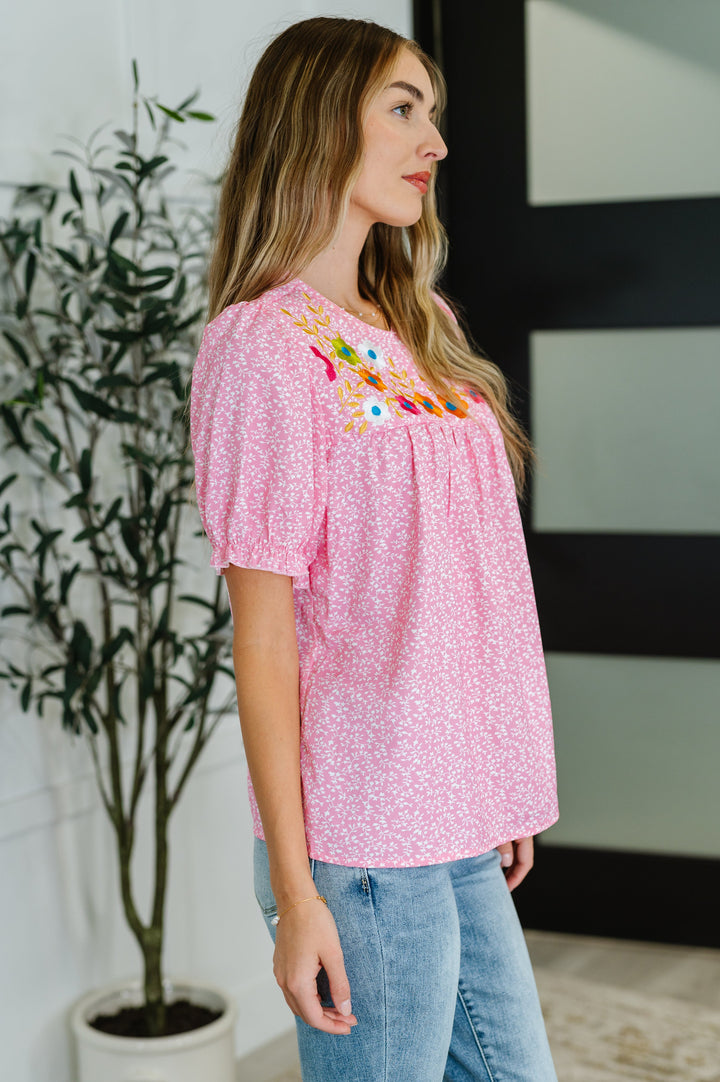 Wander Bloom Embroidered Puff Sleeve Blouse in Pink - 6/8