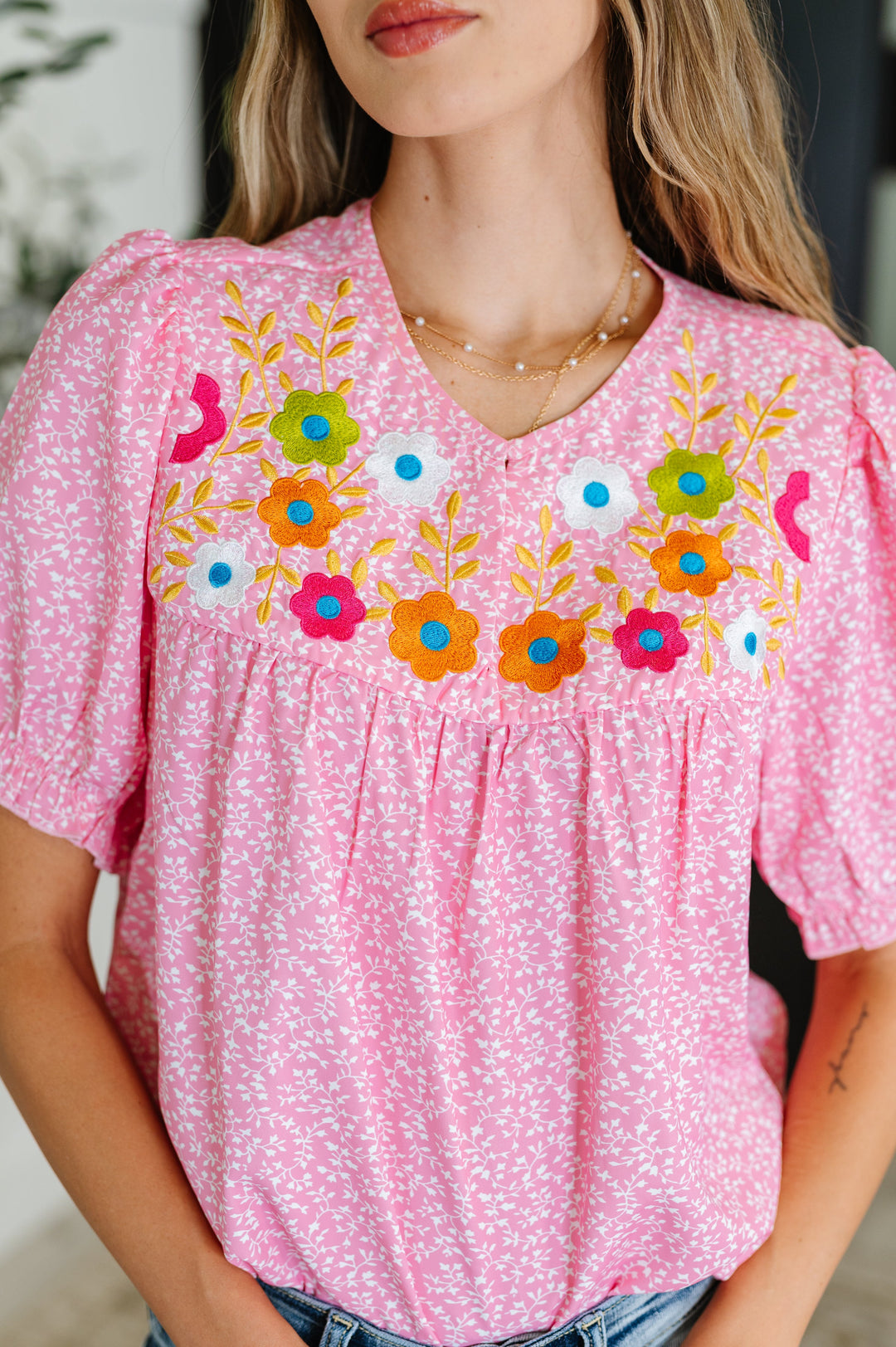 Wander Bloom Embroidered Puff Sleeve Blouse in Pink - 6/8