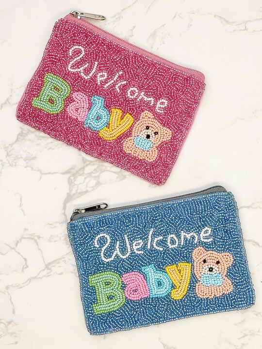 'Welcome Baby' Beaded Zip Pouch - Blue