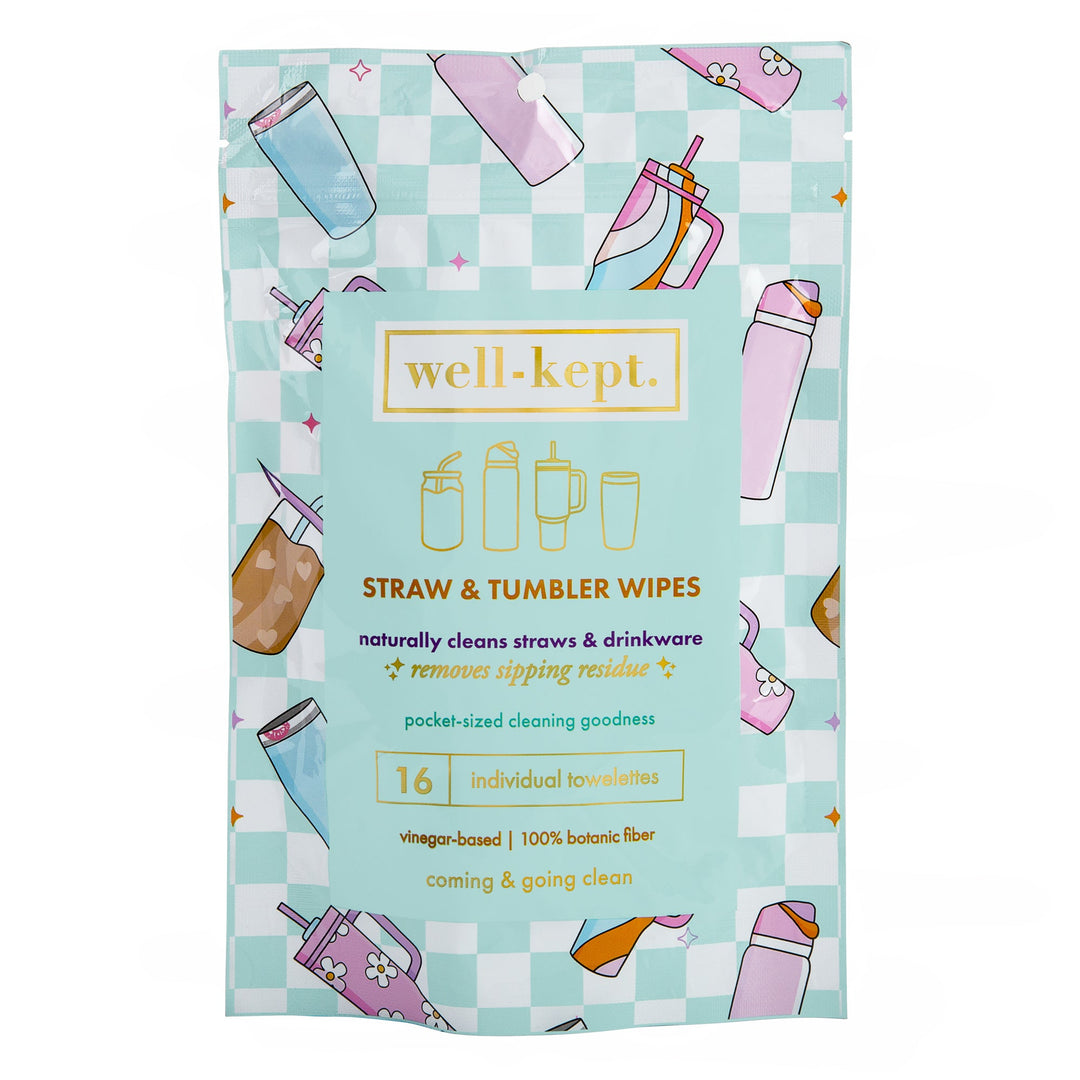 A Three Pack (3) Straw + Tumbler Wipes set from Well-Kept, featuring illustrated drinkware on a blue checkered background.