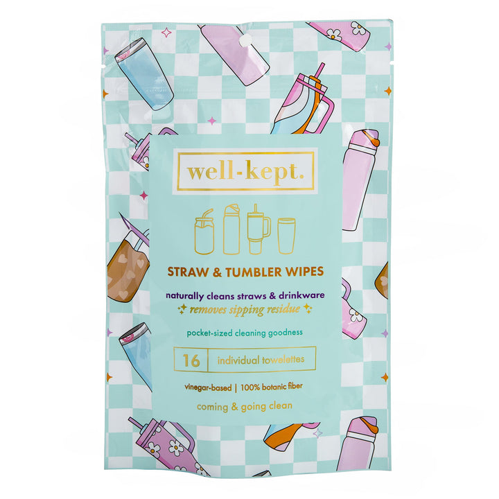 A Three Pack (3) Straw + Tumbler Wipes set from Well-Kept, featuring illustrated drinkware on a blue checkered background.
