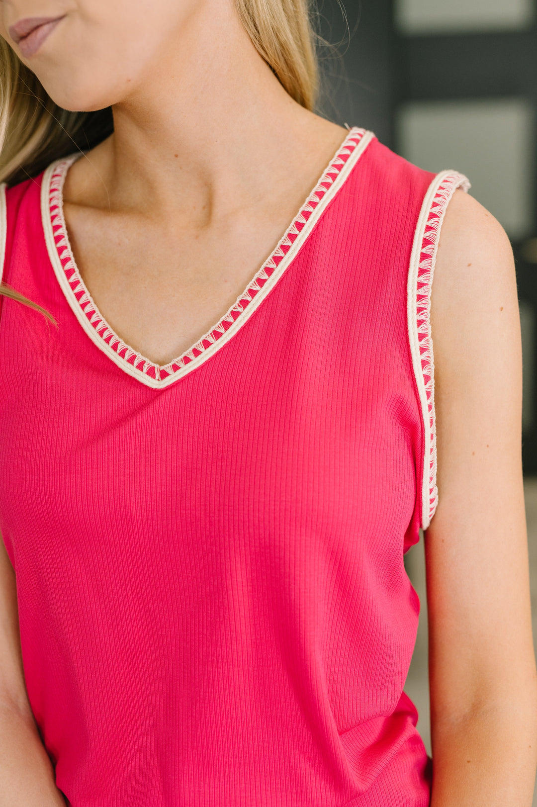 Whisper Trim Detailed V-Neck Tank in Hot Pink - 4/7