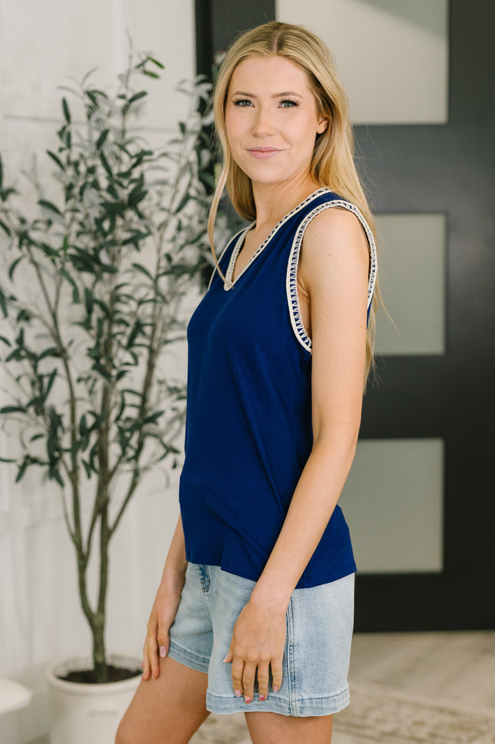 Whisper Trim Detailed V-Neck Tank in Navy - 4/7