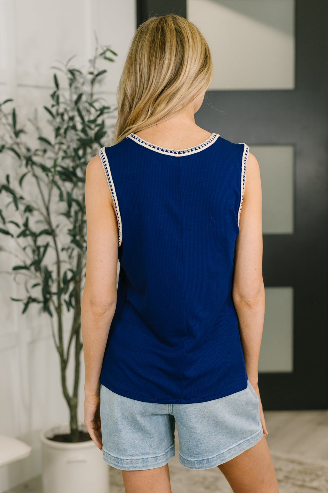 Whisper Trim Detailed V-Neck Tank in Navy - 4/7
