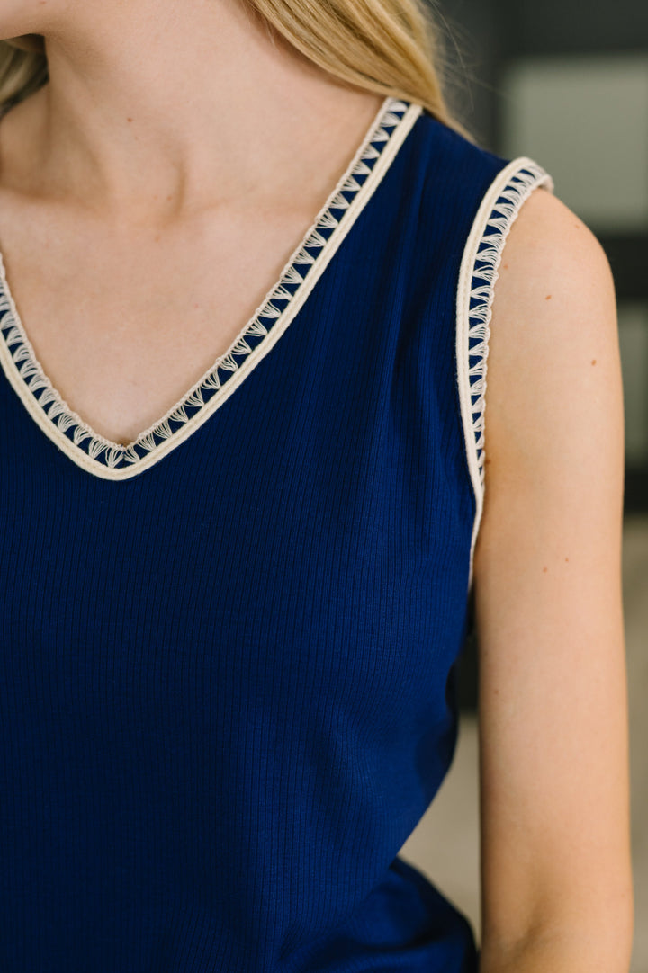 Whisper Trim Detailed V-Neck Tank in Navy - 4/7