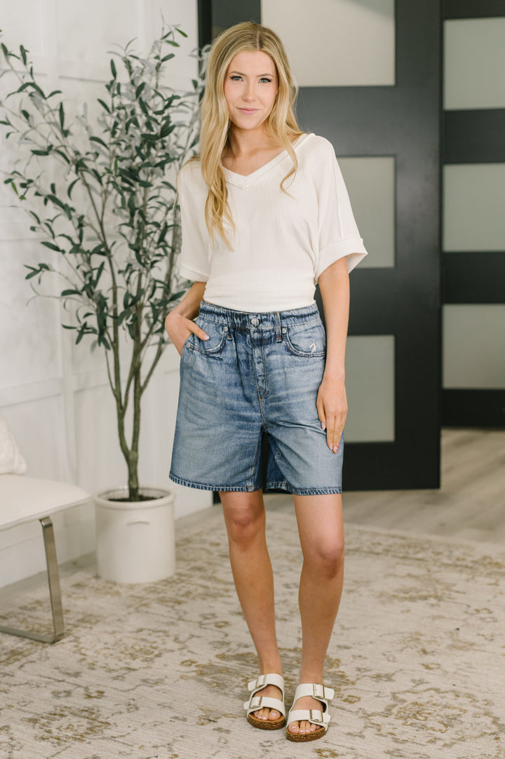 Zenim Printed High Waisted Shorts in Classic Denim - 4/7