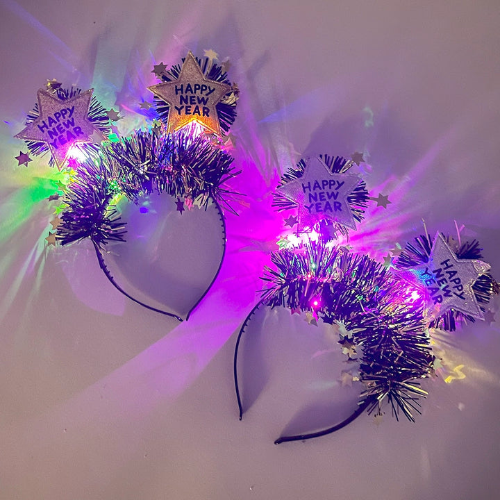 'Happy New Year' Star Glitter Light-Up Gold & Black Headband