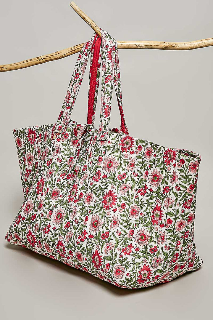 Ribbon-Tie Quilted Floral Jumbo Tote Bag - Pink by POL