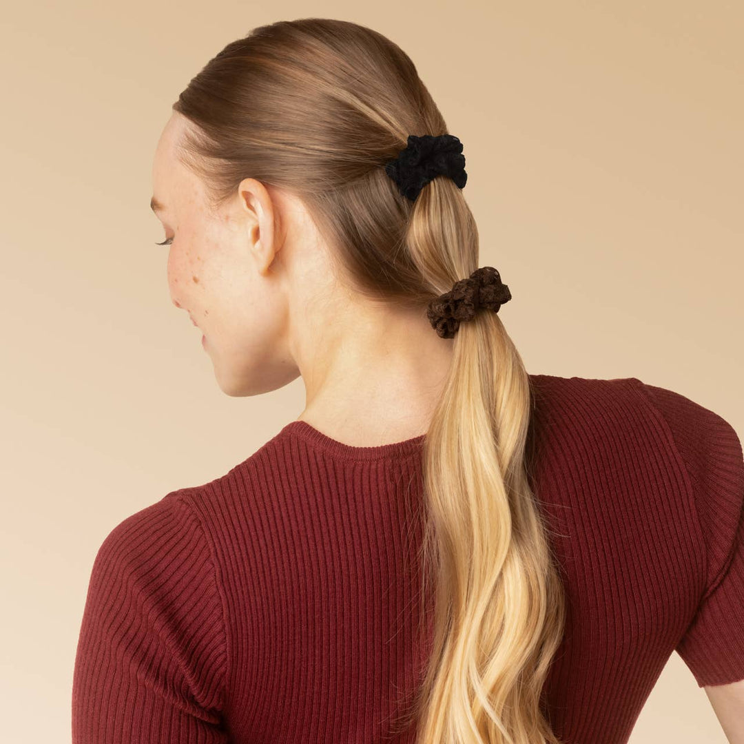 Ruched Lace Scrunchies 5pc Set - Black, Chocolate & Mocha