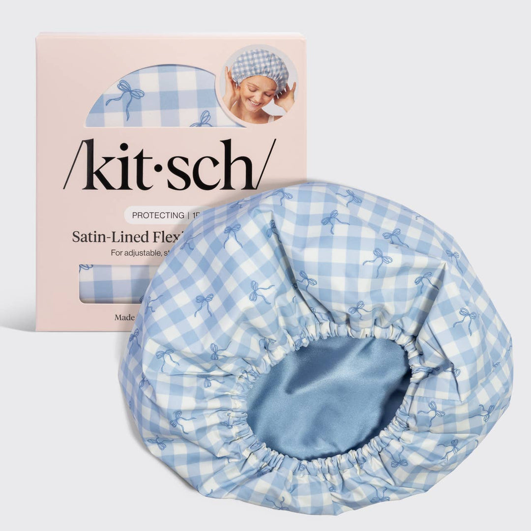 Satin Lined Flexi Shower Cap - Gingham Blue