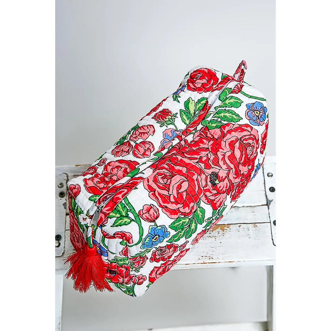 Floral Quilted Tassel Cosmetic Pouch - Red Floral by POL