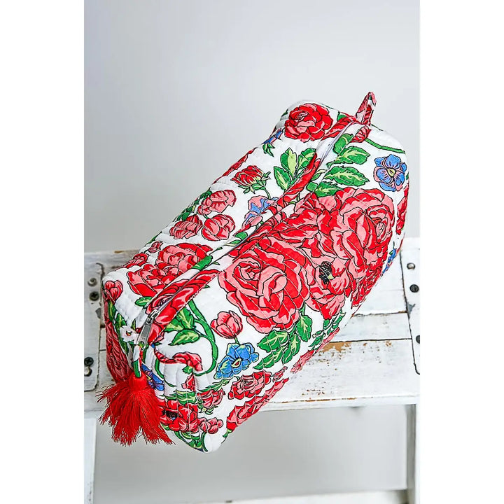 Floral Quilted Tassel Cosmetic Pouch - Red Floral by POL