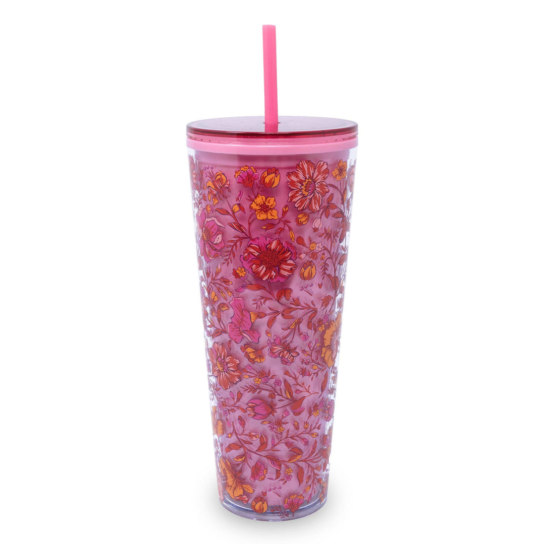 Vera Bradley Flourishing Garden double wall tumbler with a pink floral print in pink and orange tones, pink lid, and matching pink straw