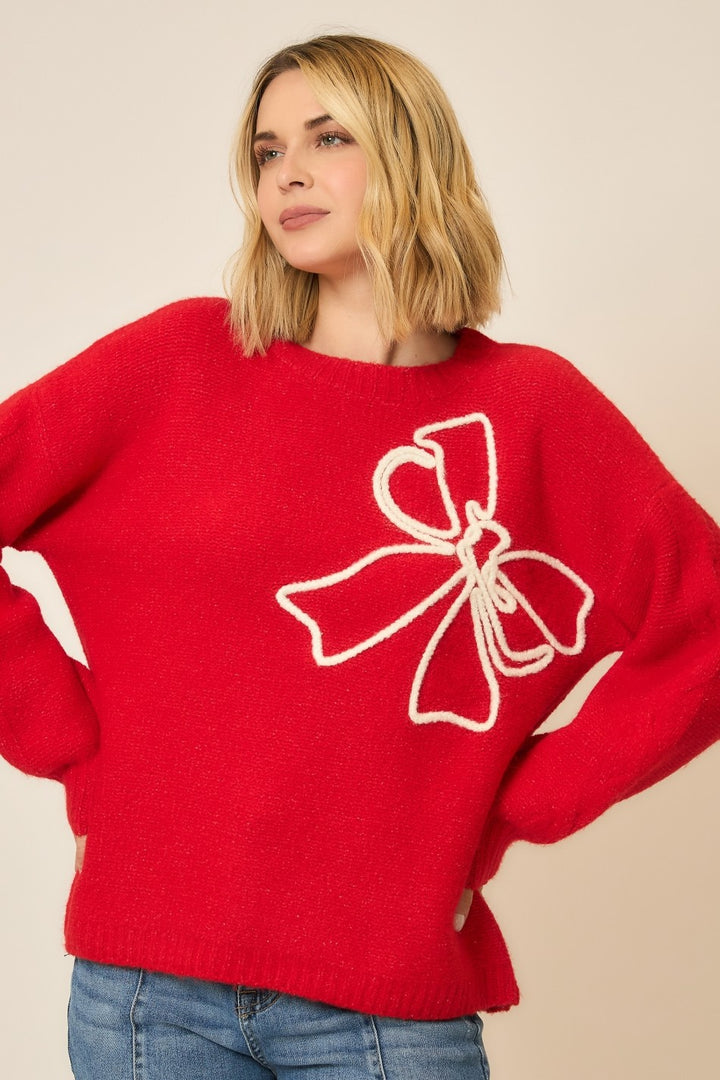 Brushed Embroidered Bow Sweater - Red by Cozy Co