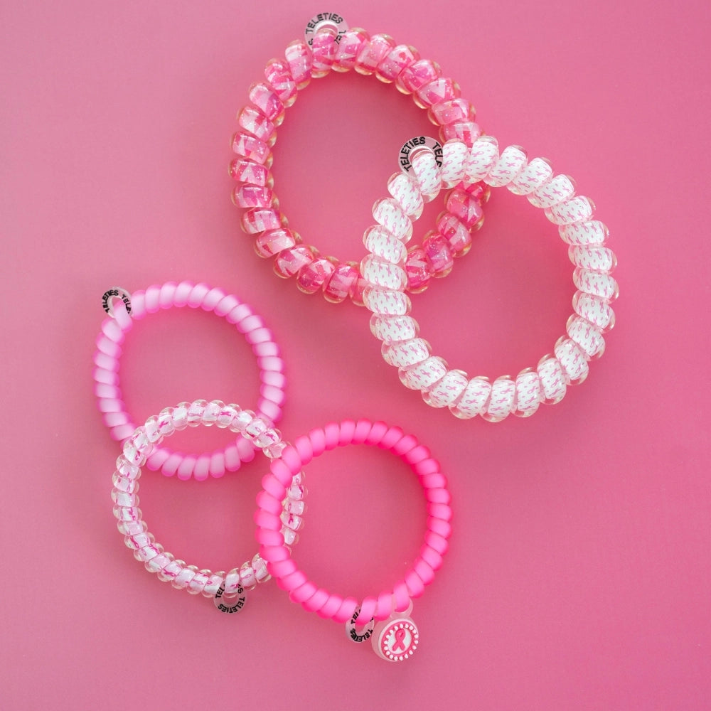 Teleties Hair Tie - Large and Small Band Pack of 5 - Breast Cancer Awareness (Ships Next Week)