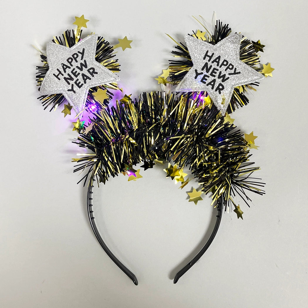 'Happy New Year' Star Glitter Light-Up Gold & Black Headband