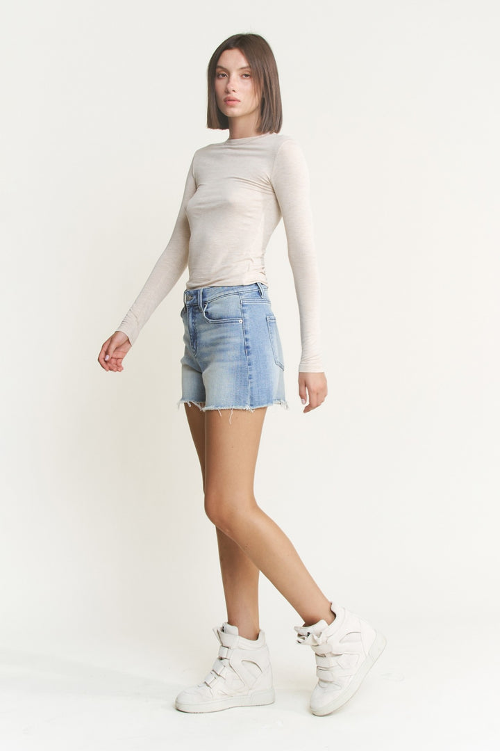High Rise Frayed Hem Light Wash Denim Shorts By Mica Denim