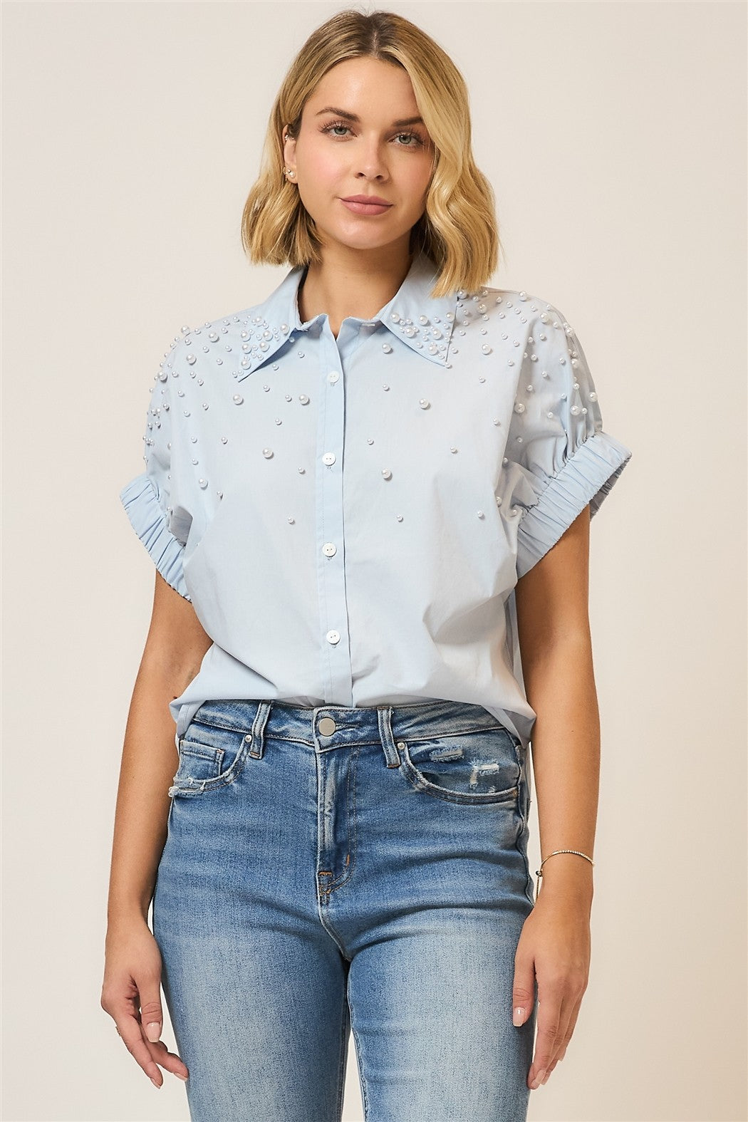 Pearl Studded Cap Sleeve Button Up Top - Light Blue by Cozy Co