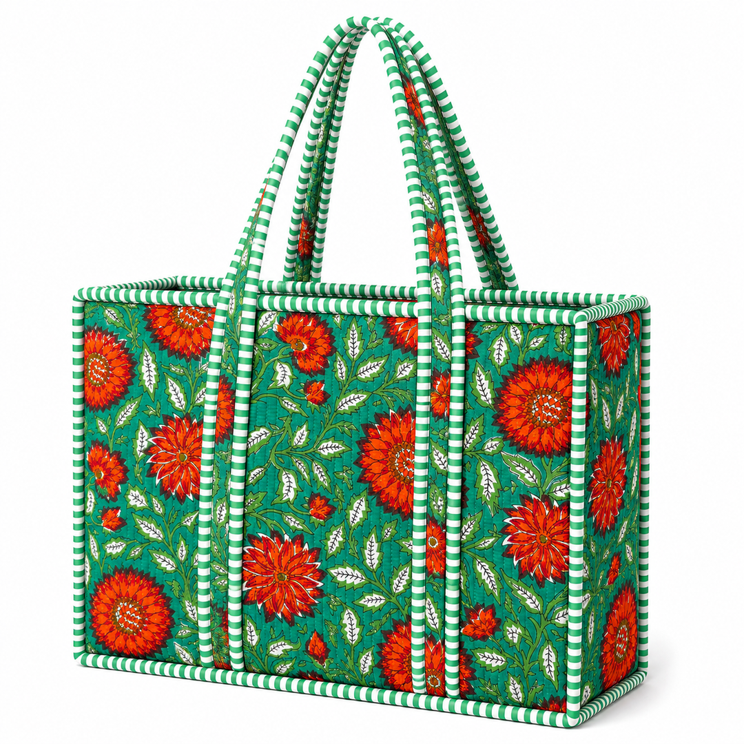Large Green Floral Quilted Tote