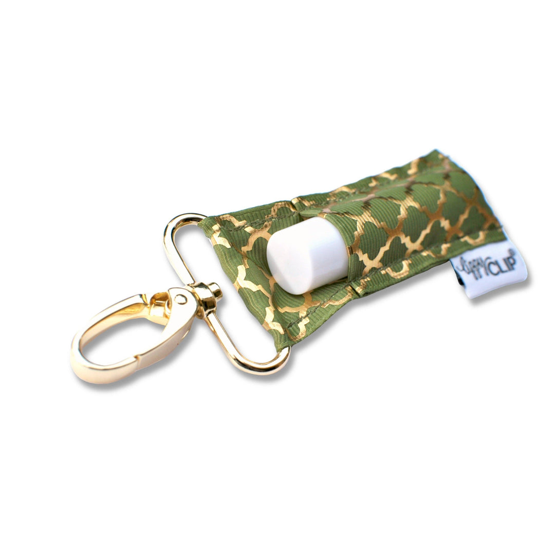 Gold Quatrefoil on Olive LippyClip® Lip Balm Holder (PREORDER: Ships in 2-3 Weeks)