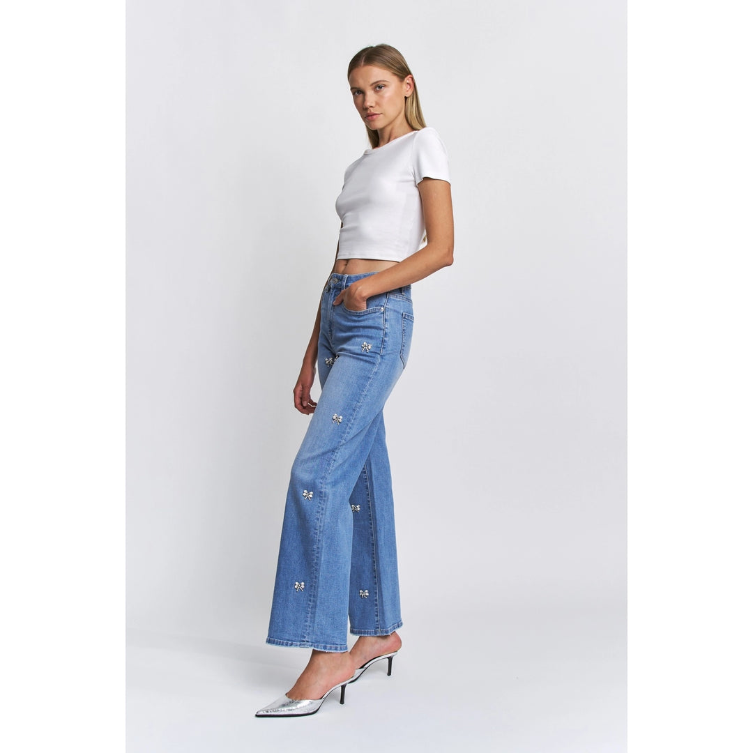 Bluish High Rise Wide Leg Bow-Embellished Denim Pants By Mica Denim