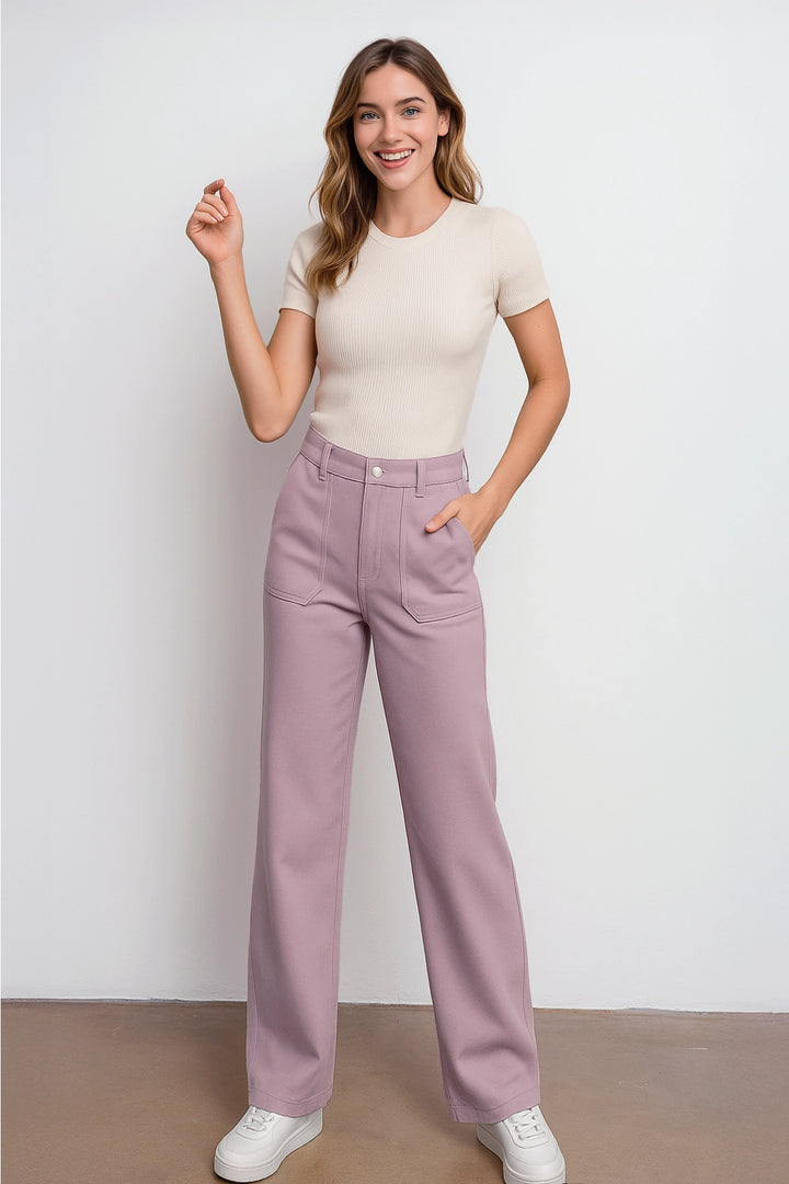 Final Sale: Cotton Stretch Twill Wide Pants by Rae Mode - Dusty Lavender