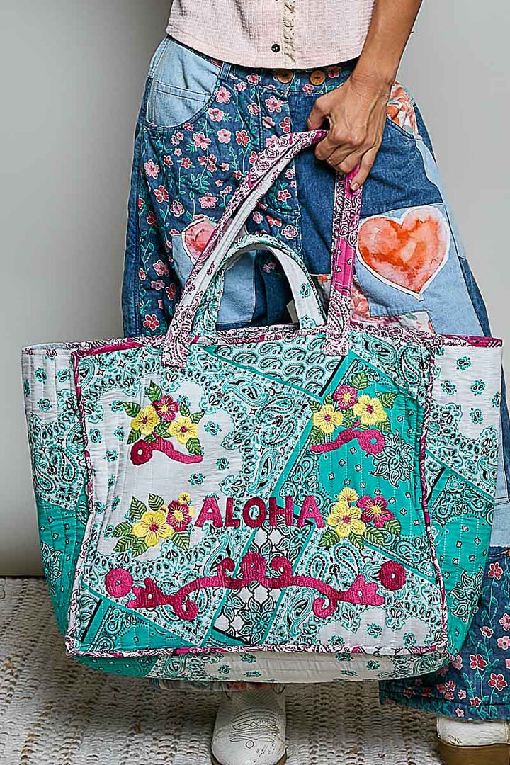 'Aloha' Embroidered Quilted Tote Bag - Mint by POL