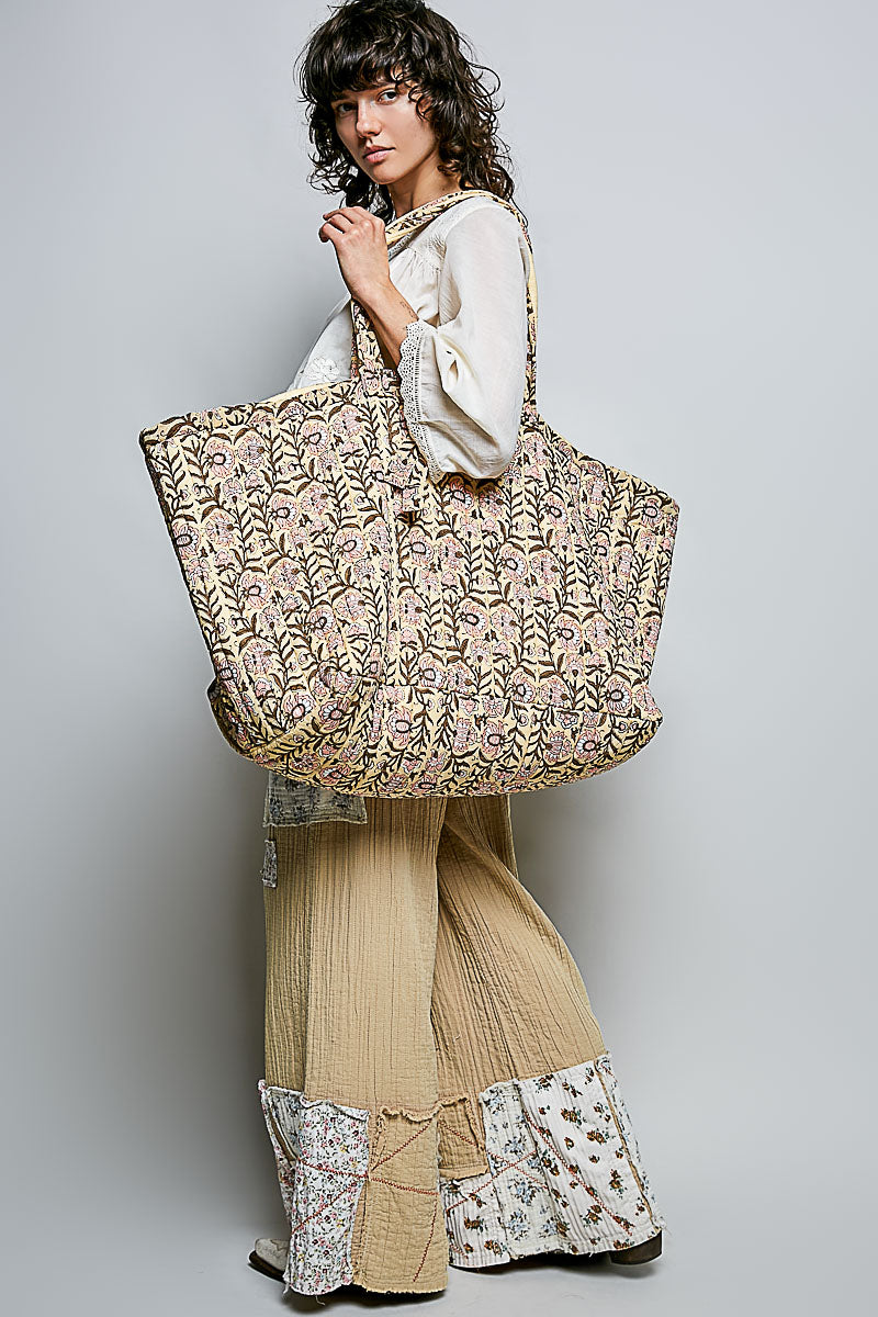 Ribbon-Tie Quilted Floral Jumbo Tote Bag - Honey by POL